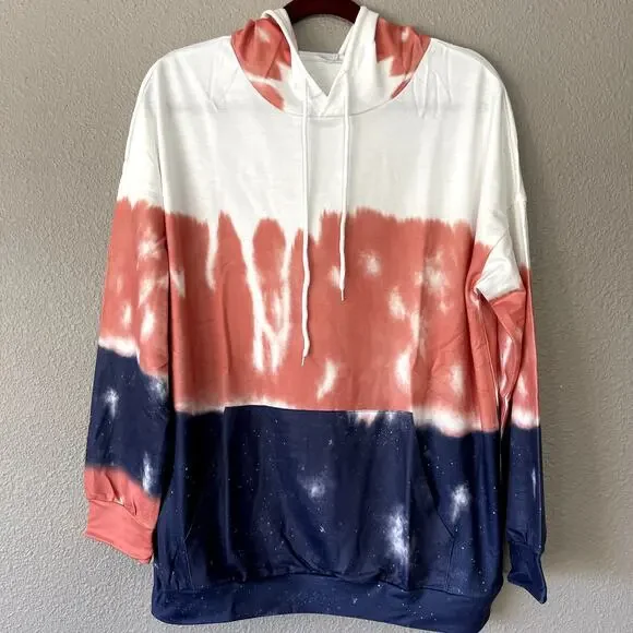 Colorblock Tie Dye Long Sleeve Womens Pullover Hoodie Sweater Pocket Medium - Picture 7 of 8